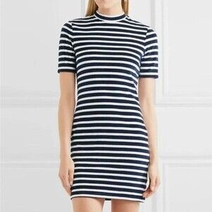 T by Alexander Wang Striped Mini Dress. Short Sleeves. Mock Neck. Blue & White.